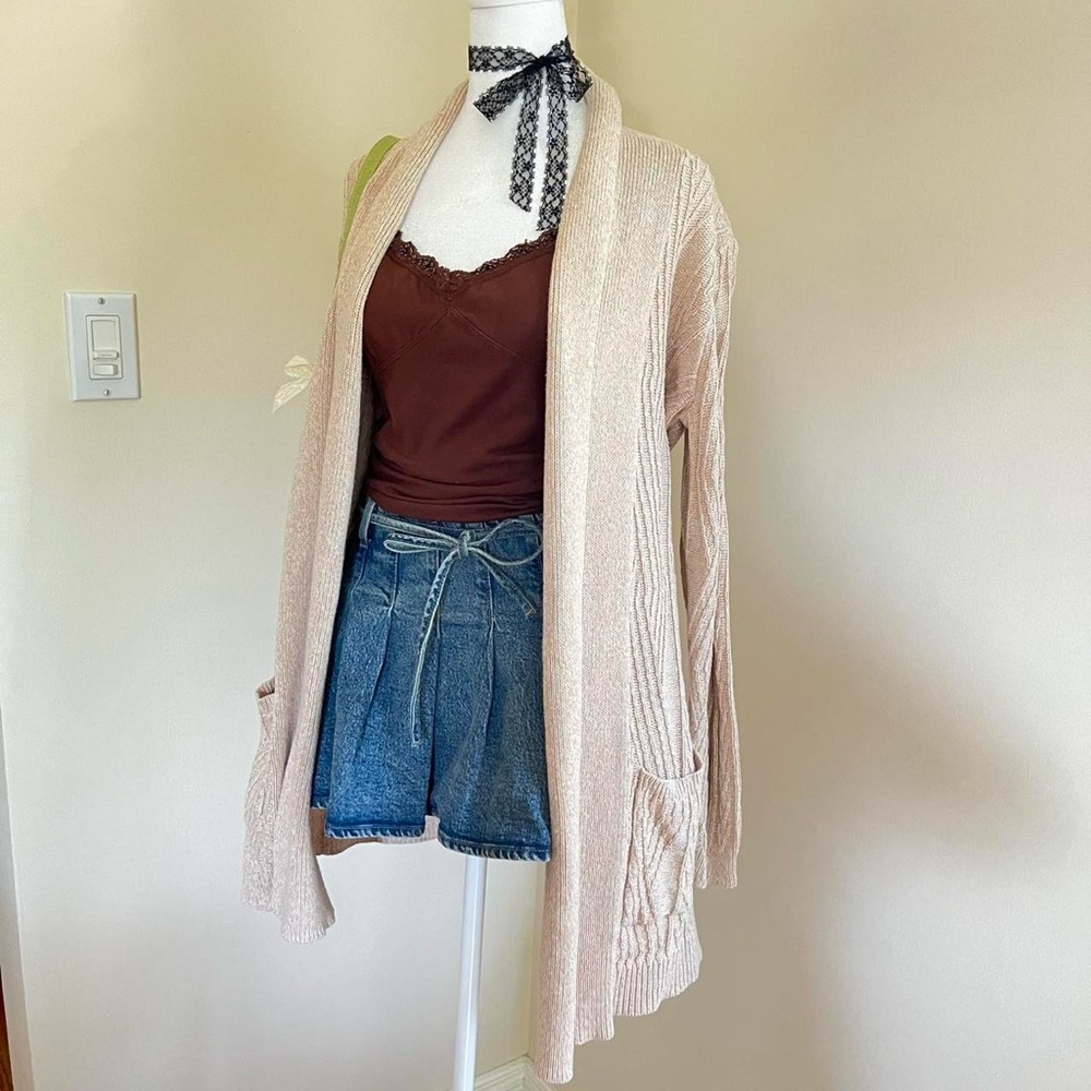 Cozy Boho Cable Knit Cardigan Sweater Slouchy Soft Cotton Open Wrap Beige Size S - Picture 3 of 6